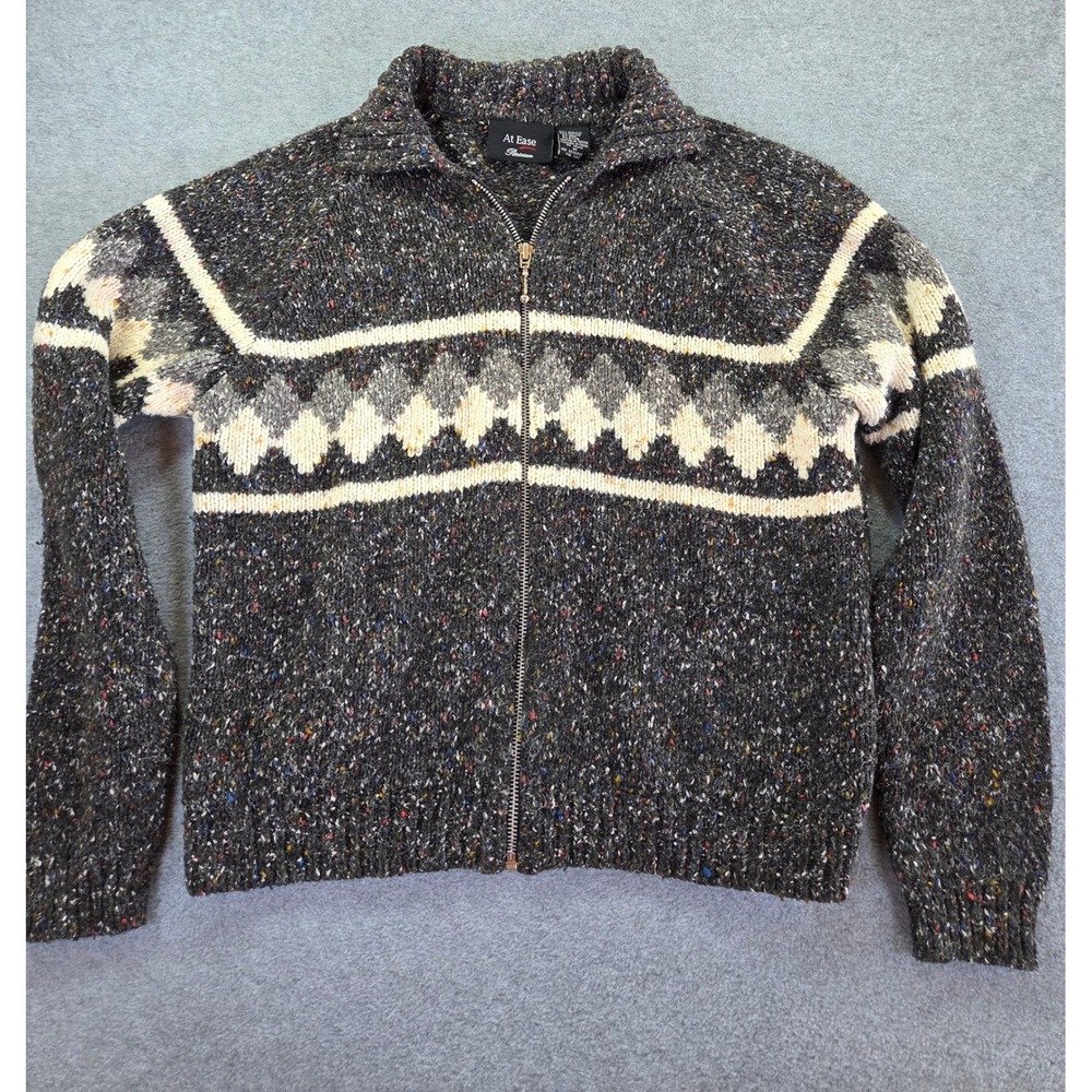 VTG At Ease Parisian Full Zip Nordic Sweater M Gray Fair Isle Cardigan Gorpcore